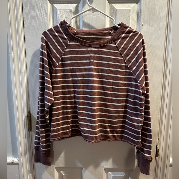 aerie Tops - NWT Aerie Shirt Womens XS Mauve White Striped Cropped Tee Boxy Long Sleeve
